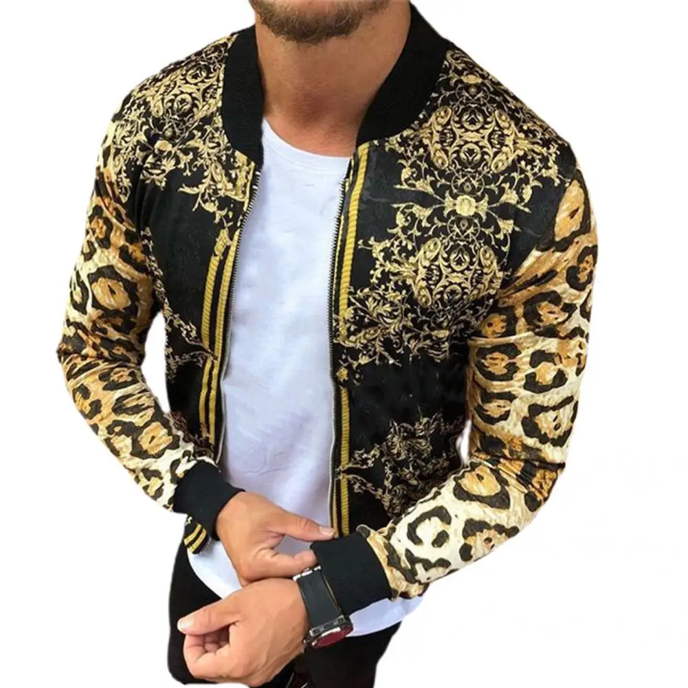 

Winter Coat Leopard Print Simple Tight Wrist Men Leopard Print Zipper Coat