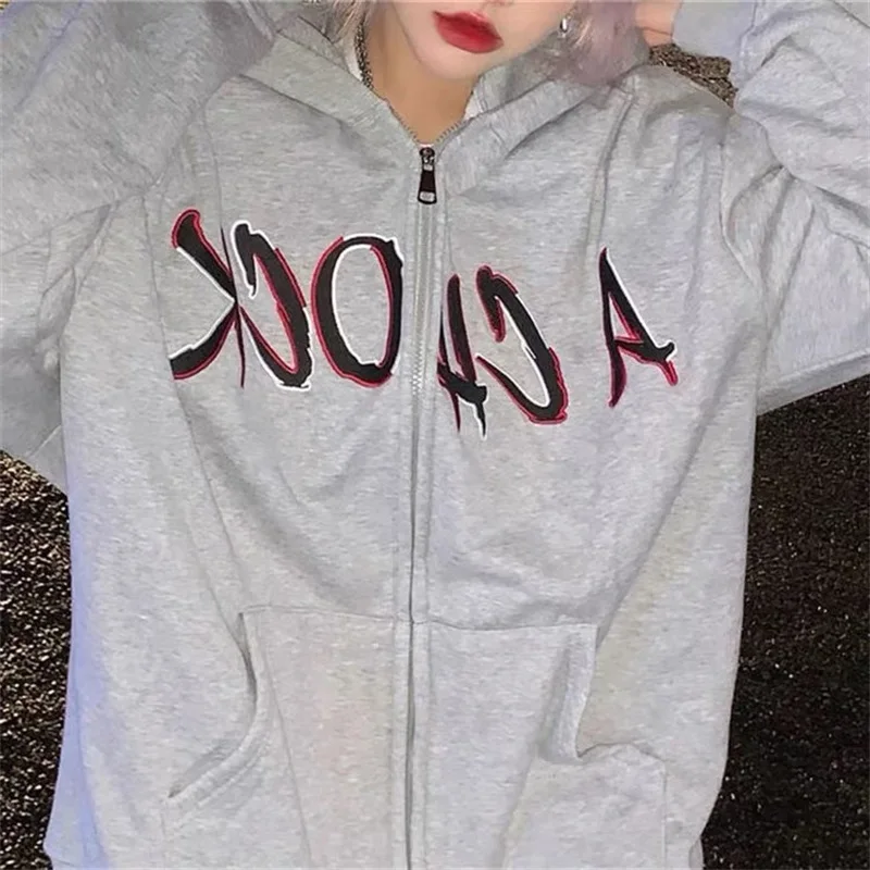 

Vintage Letter Print Oversized Hoodies Female Grey Zip Up Long Sleeve Women's Sweatshirt Y2K Aesthetic Autumn Grunge Streetwear