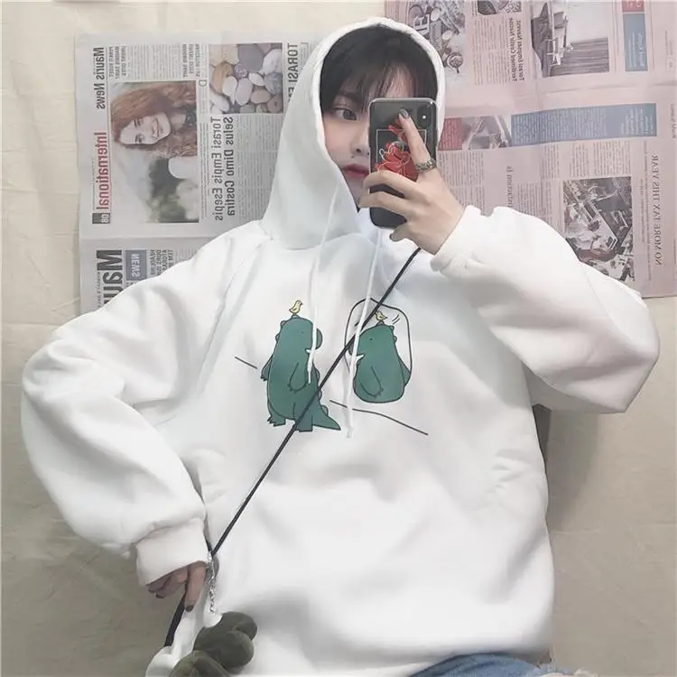 Cartoon Dinosaurs Printed Casual Loose Basic Black Simple College Wind Cute Fresh Hot Sale Winter Female Women Hoodies - Цвет: White