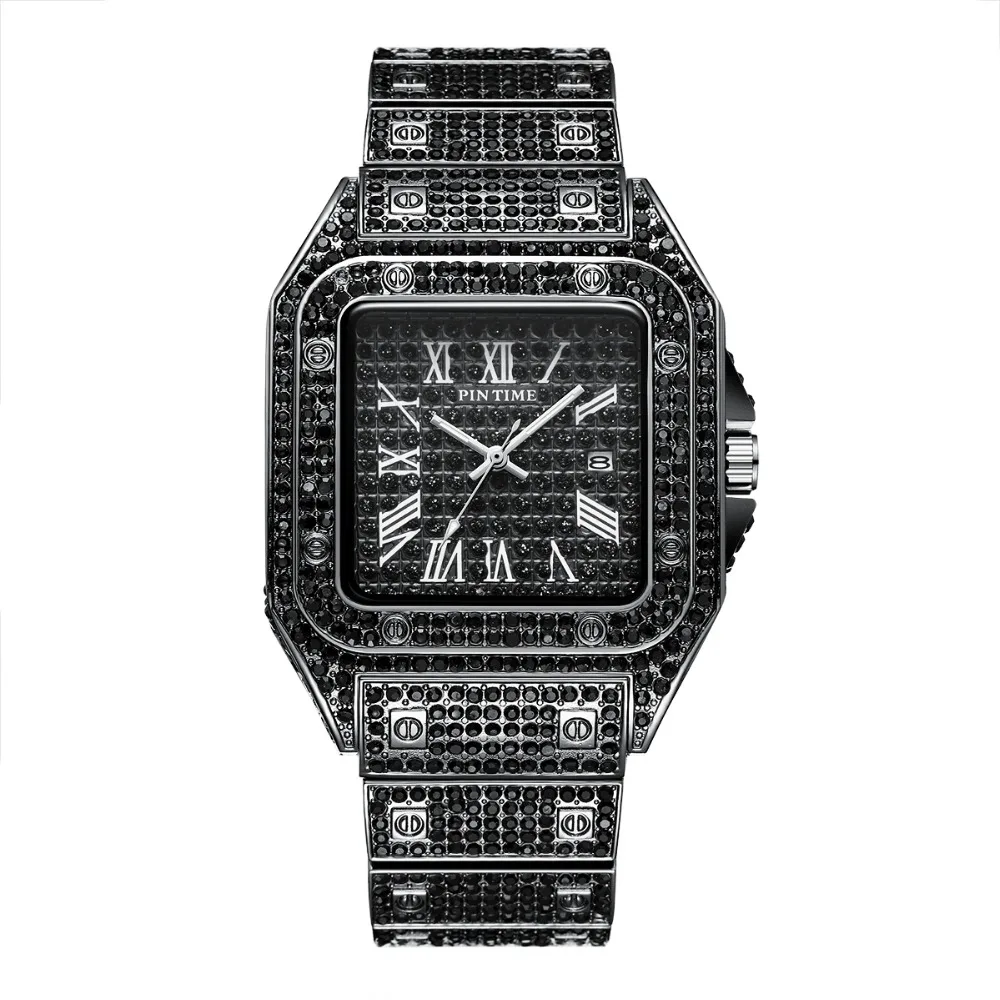 Хип-хоп Iced Out мужские часы с квадратным бриллиантом кварцевые роскошные мужские s наручные часы золотые римские часы с календарем стальные часы Relogio Masculino