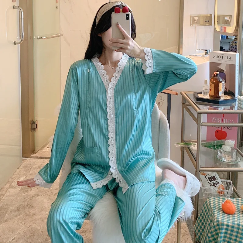 

Summer Thin Soft Silk Feel Maternity Nursing Sleepwear Sets Breast Feeding Pajamas Suit Clothes for Pregnant Women Home Wear