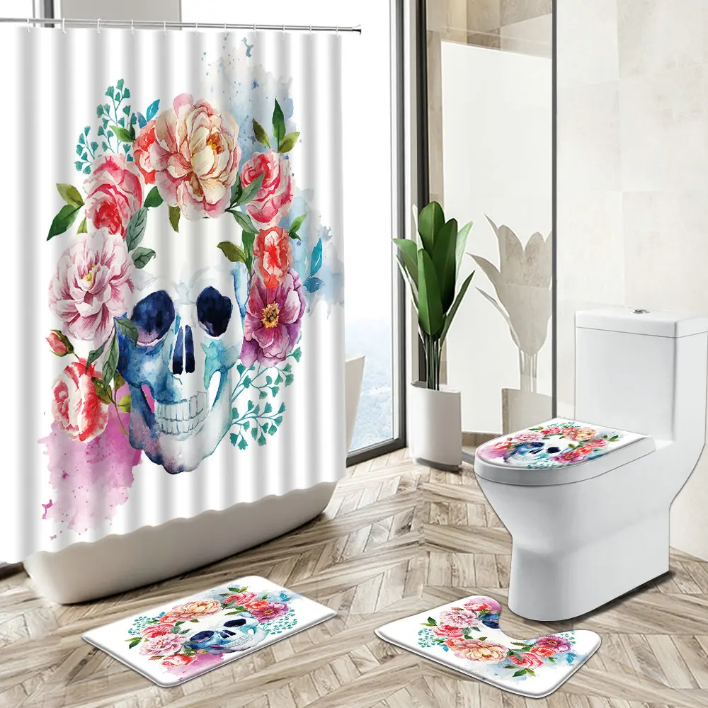 Economici Skull Octopus Design Stampato Tenda Da Doccia Vintage Vecchio Bordo Di Legno Coppia Floreale Bagno Decor Tappeto Copriwater Set Tappetino Da Bagno