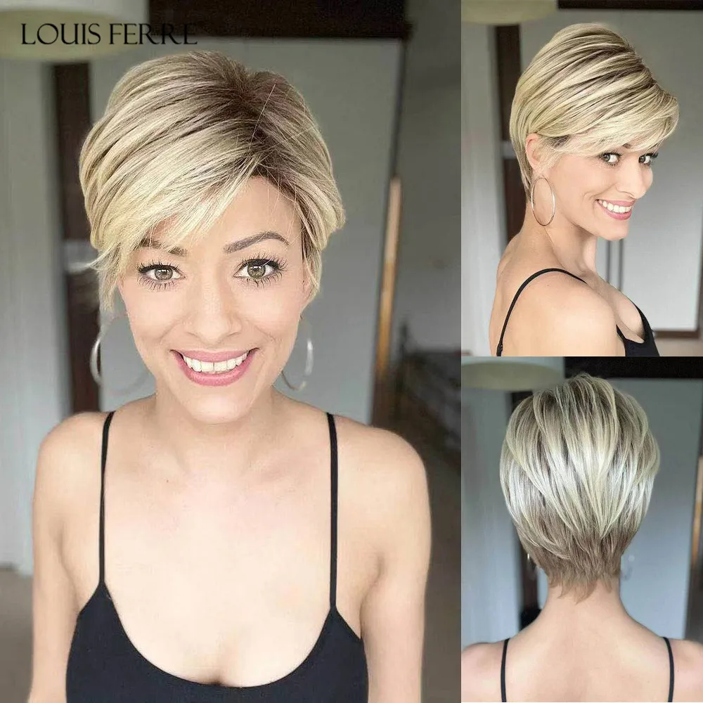 

LOUIS FERRE Short Straight Natural Lace Front Blonde Synthetic Wigs 13*1 T Part Ombre Blonde Dark Root Wig for White Women Daily
