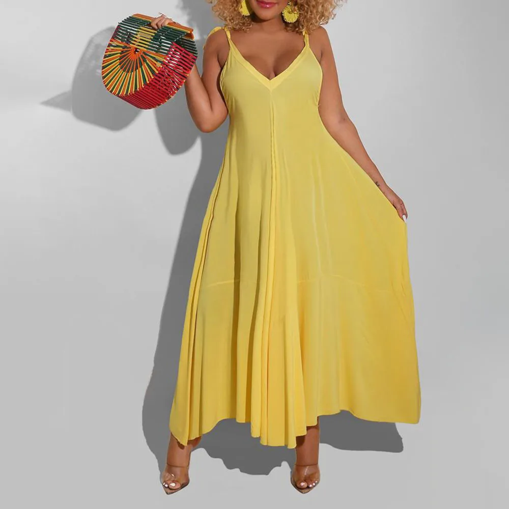

Western Style Casual Solid Color African Oversize Loose V-neck Swing Slim Sleeveless Women's Dress 2021 Summer New