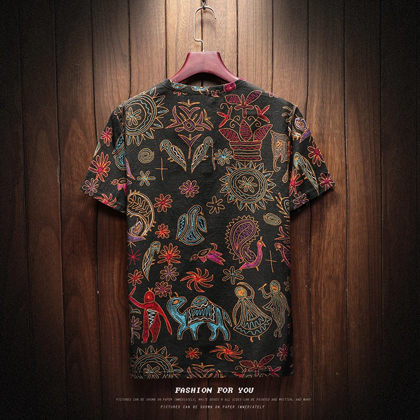 Summer Men Cotton Linen Short Sleeve T-shirt Chinese Traditional Clothing Ethnic 3D Print Oriental Totem Tees Male Hip Hop Tops