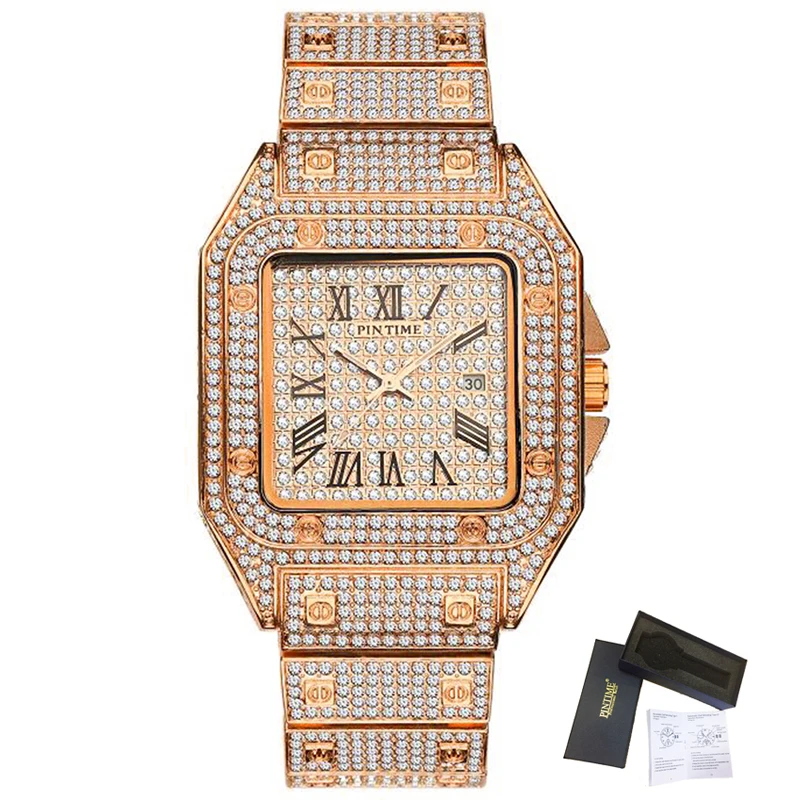 Хип-хоп Iced Out мужские часы с квадратным бриллиантом кварцевые роскошные мужские s наручные часы золотые римские часы с календарем стальные часы Relogio Masculino - Цвет: Rose Gold With Box