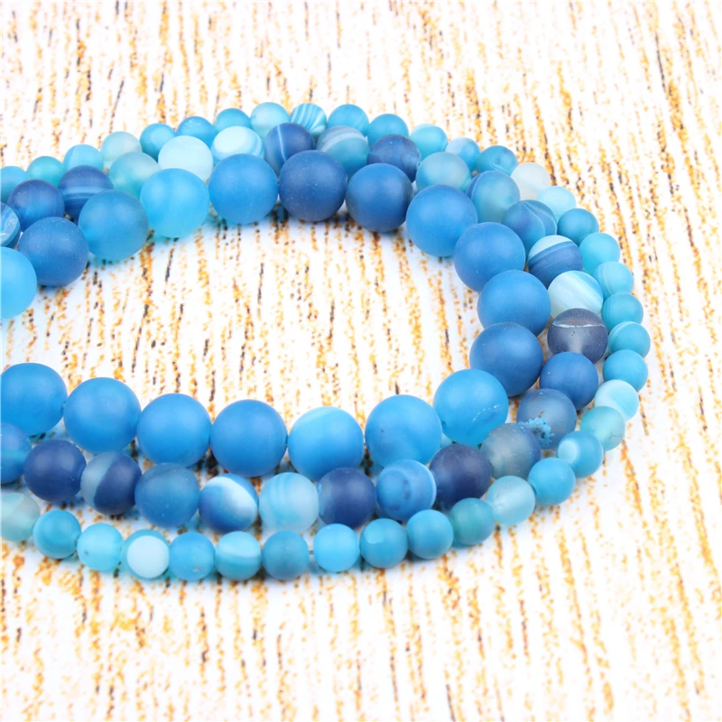

4 6 8 10 12 mm Frosted blue stripes Natural Stones Round Loose Beads For Jewelry Making Bracelet Necklace Diy
