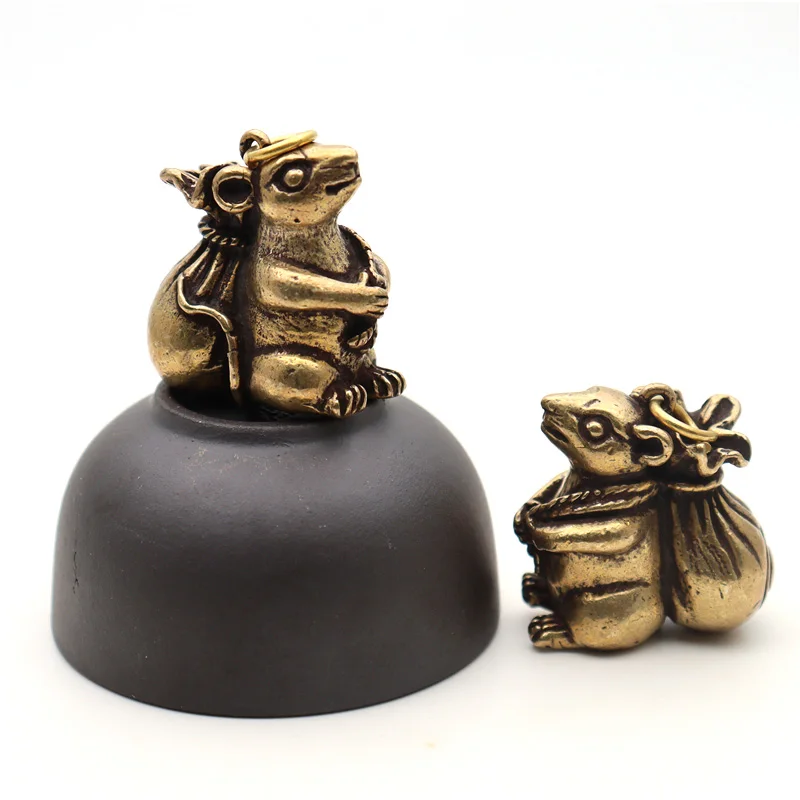 Винтажный латунный милый брелок в виде мыши с фигуркой сумки богатства Подвески