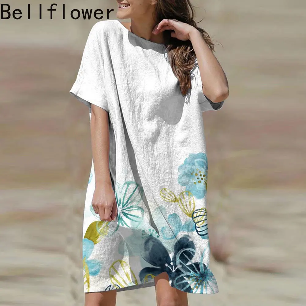 

В винтажном стиле, футболка с короткими рукавами и принтом Лето платье для женщин Круглый вырез Свободный Повседневная короткие платья 3XL р...