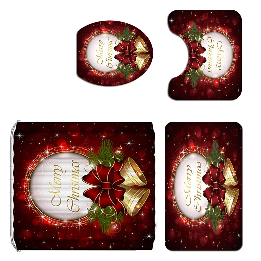 

Christmas Printed Shower Curtain Carpet Floor Mat Combination Bathroom Toilet Mat Bathroom Curtain Set Supplies