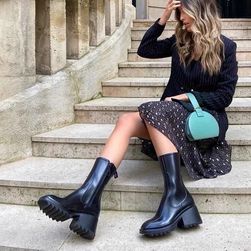 Сапоги женские резиновые на толстой подошве ПВХ полусапожки массивном каблуке
