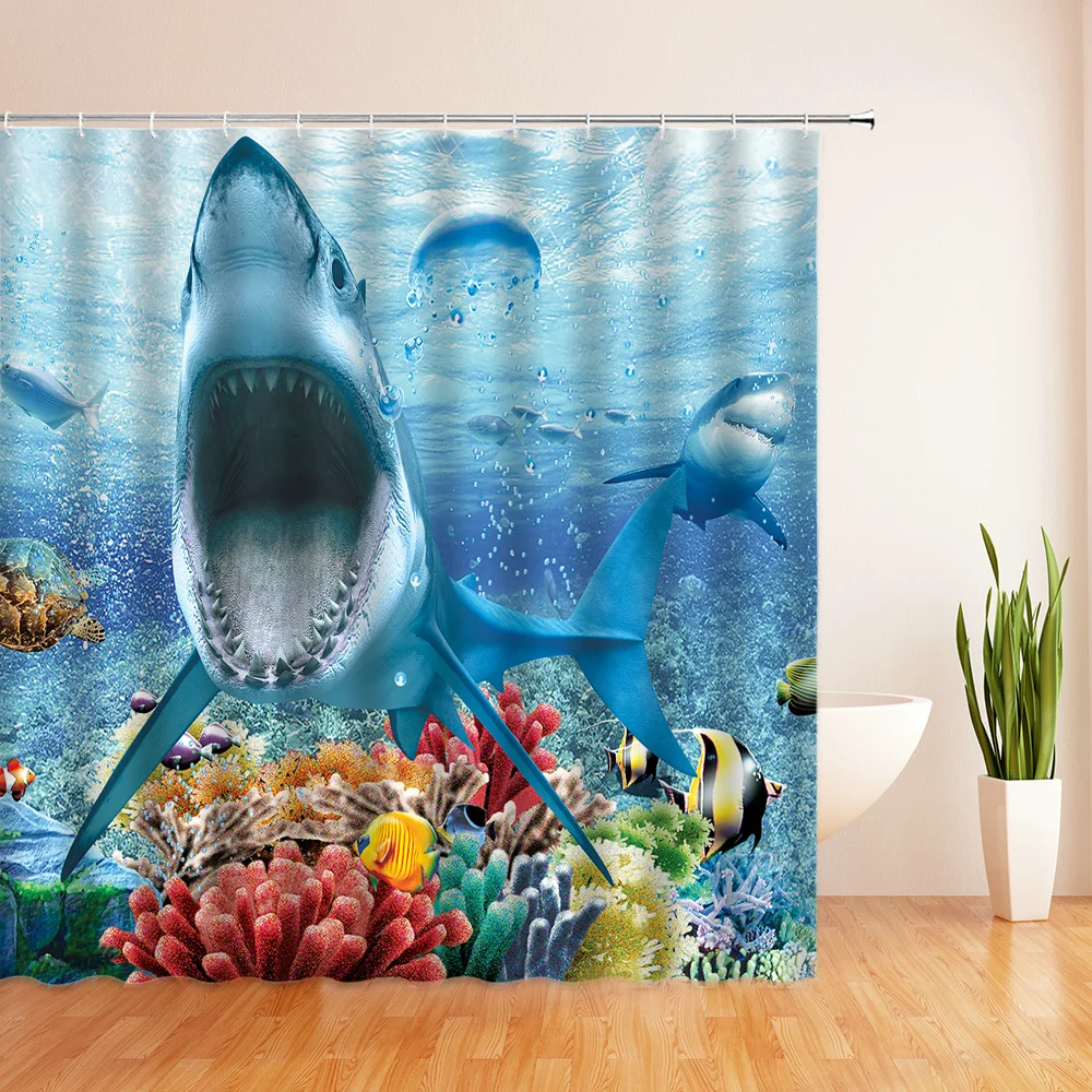 

Ocean shark Fish Waterproof Shower Curtains Sea Scenery Bath Curtains Bathroom Home Washable Fabric Bath Screen With 12 Hooks