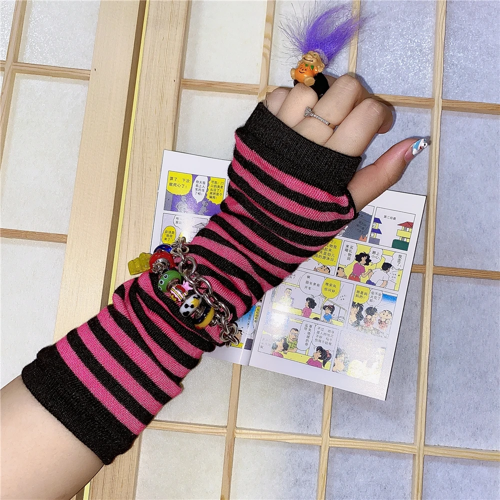 Y2K Fashion Women Girls Striped Elbow Gloves Warmer Knitted Long Fingerless Gloves Elbow Mittens Party Accessories Gift