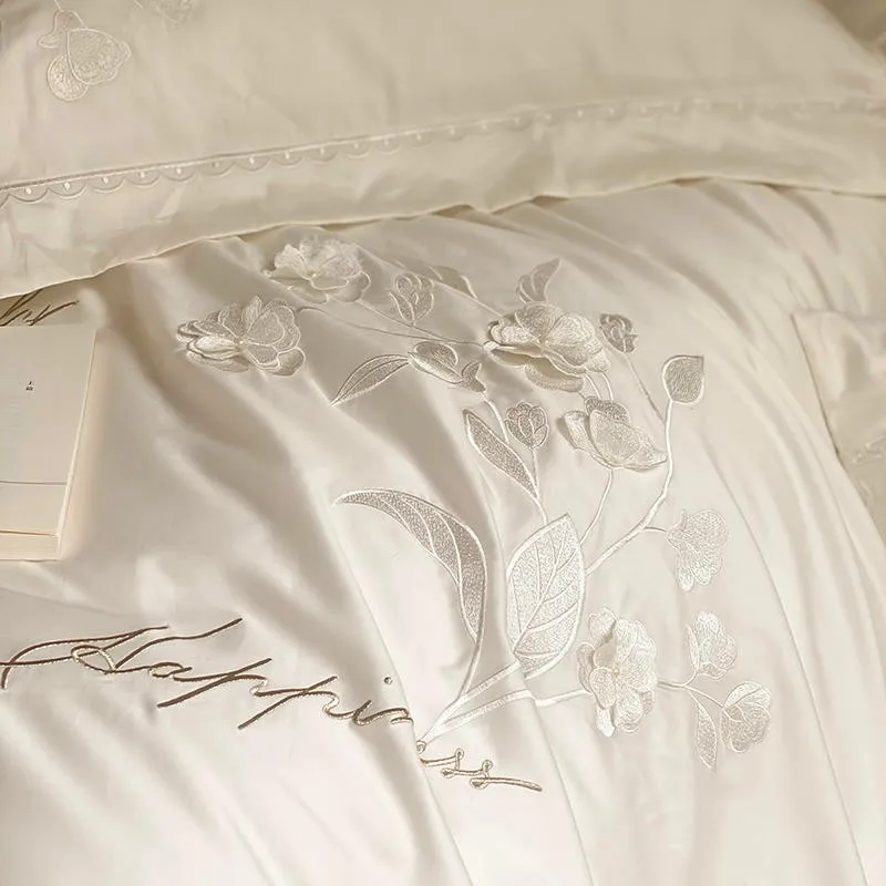 

White Flowers Chic Embroidered Duvet Cover Set Queen King 4Pcs Egyptian Cotton Elegant French bedding set Bed Sheet Pillowcases