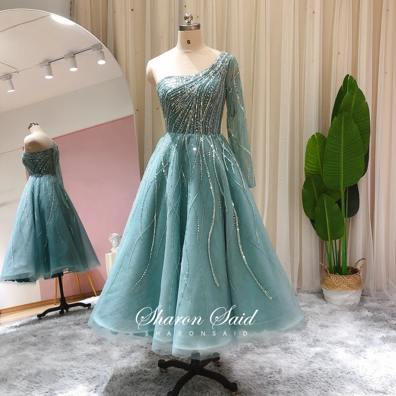 Мусульманское вечернее платье с длинным рукавом роскошное синее средней длины