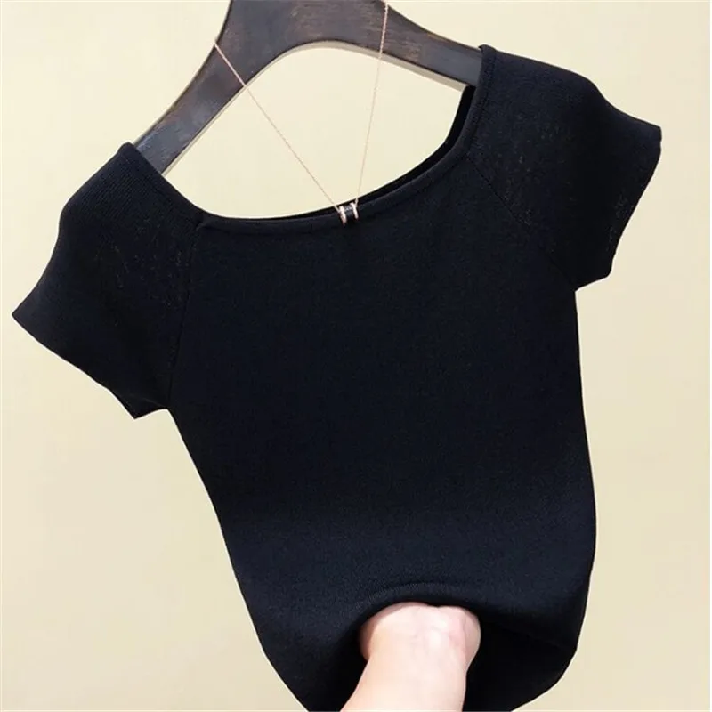 Новая летняя однотонная трикотажная футболка с коротким рукавом и квадратным