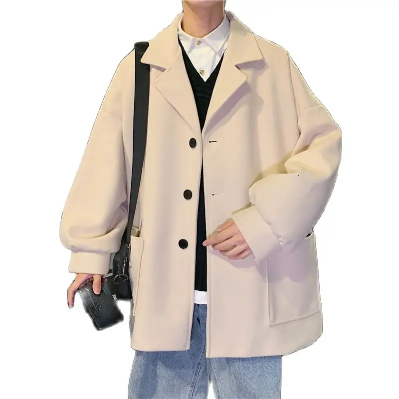 

Зимнее шерстяное пальто, Мужская свободная ветровка средней длины, абрикосового цвета, 95% полиэстер, 5% вискоза, пальто из смесовой шерсти, бе...