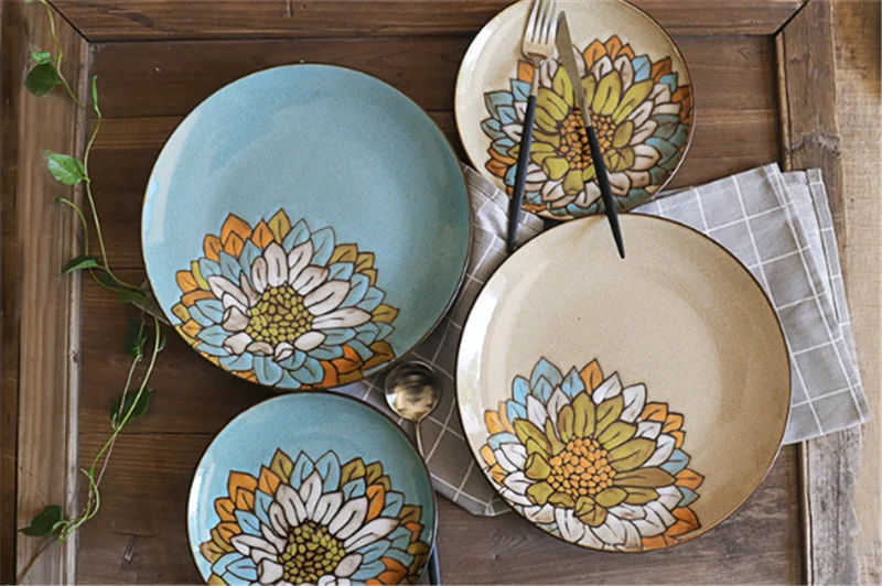 Creative retro hand-painted ceramic cutlery household round flat steak plate art decorative dishes dinner plates tray | Дом и сад