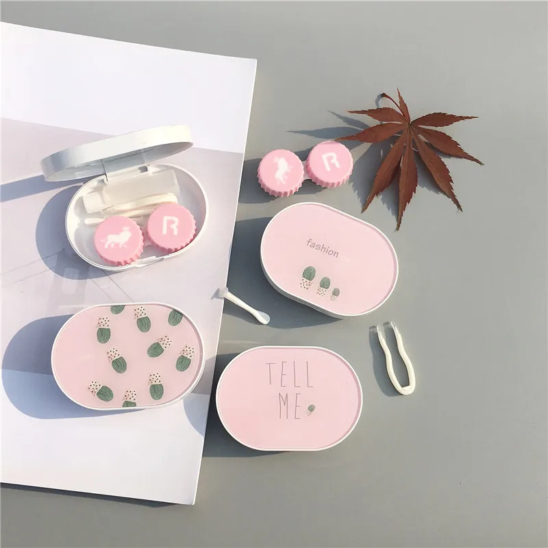 INS простой розовый чехол для контактных линз с изображением кактуса зеркальной