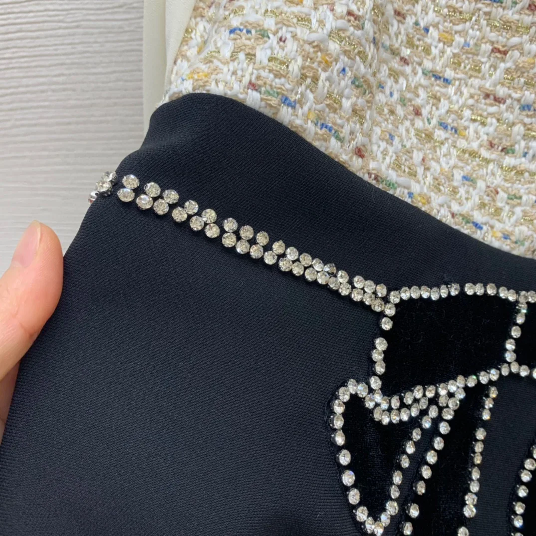 

High Quality Beaded Bowknot Color Block Ladies Dress Rhinestone Rivet Peter Pan Collar Lantern Sleeve Long Sleeve Skinny Dress