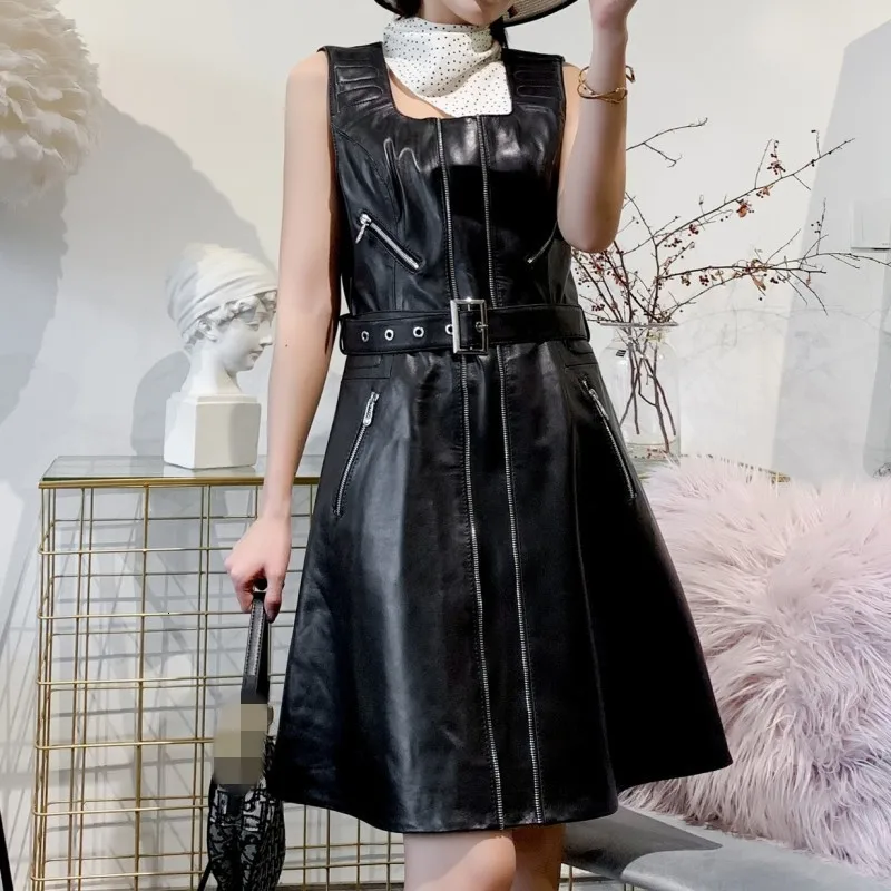 Кожаная офисная Юбка До Колена женское кожаное платье с брюками из овечьей кожи