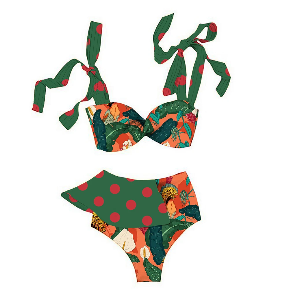 

2021 New Halter Strappy Female Ruffle Swimsuit High Waist Bikini Women Swimwear Two-pieces Bikini set Bather Bathing Suit Swim