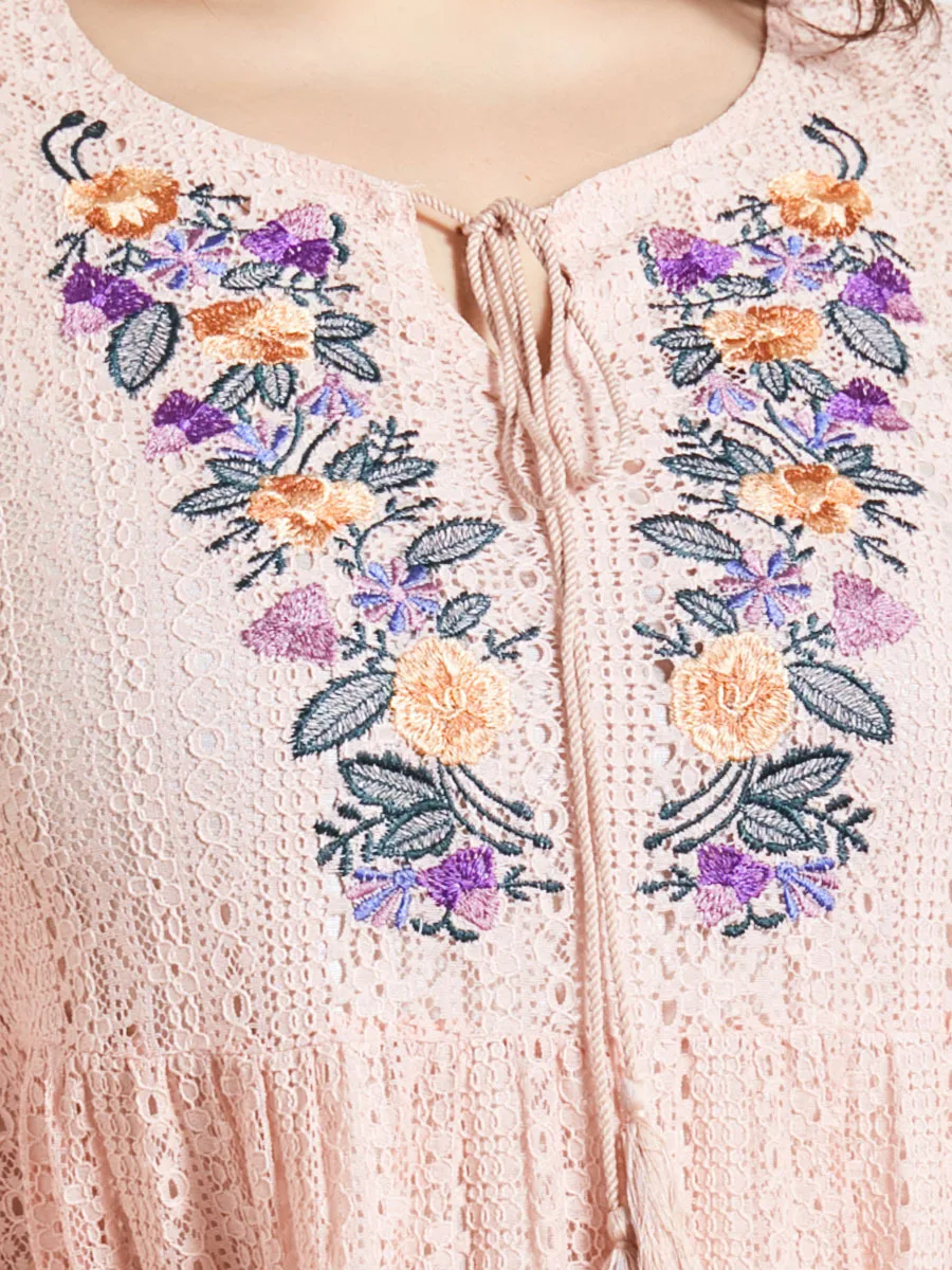 

2021 New Style Dress Casual Ethnic Style Large Size Women's Round Neck Long Sleeve Embroidery Pink Fashion Lace Long Dress