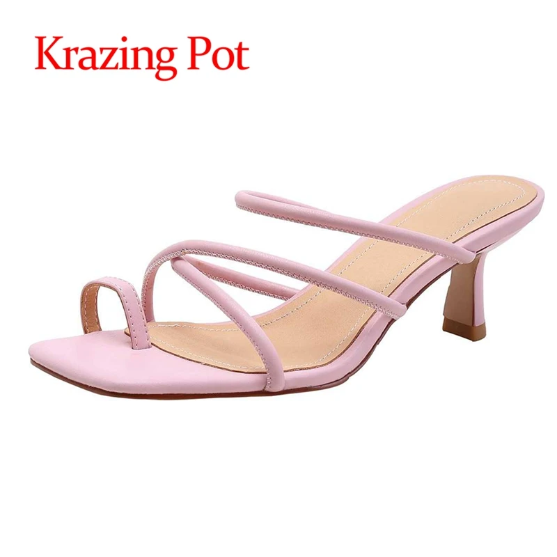 

lenkisen size 41 cow leather flip flop thin high heels sweet girls daily wear internet star slip on women sandals women L78