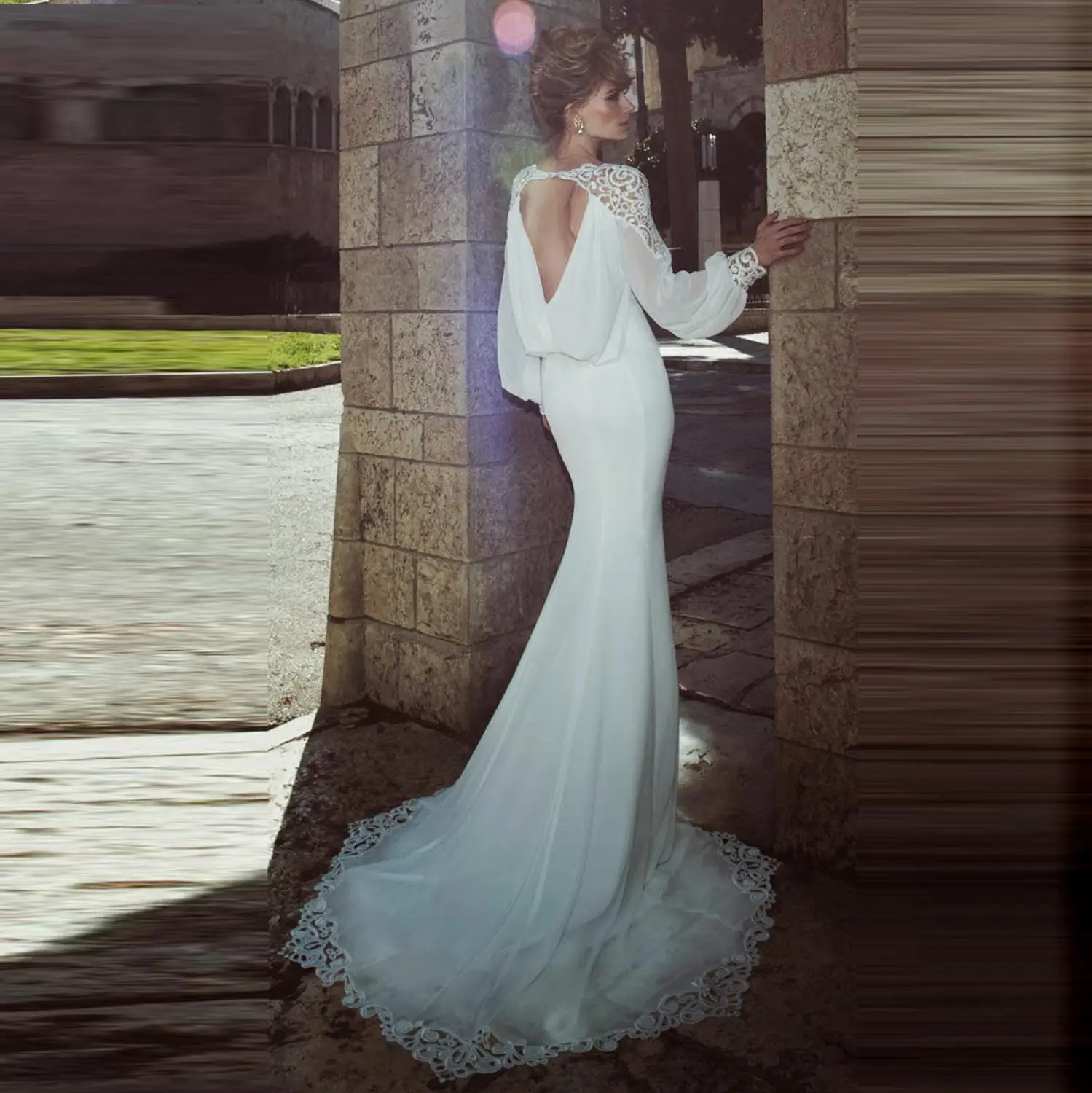 

Thinyfull Sexy Backless Mermaid Wedding Dresses V Neck Long Puffy Sleeve Bride Dresses Lace Appliques Chiffon Vestido De Novia