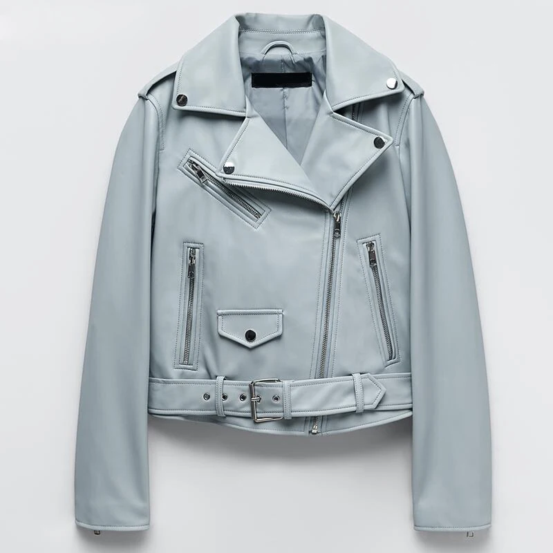 

Spring Autumn Women Faux Leather Jacket Ladies Solid With Belt Zipper Biker Coat Female Casual Outwear