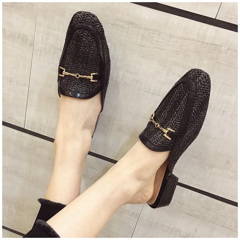 New Fashion Women Mules Slipper Low Heel Slip On Slide Sandals Cane Woven Beach Summer Slippers Flat Sandals