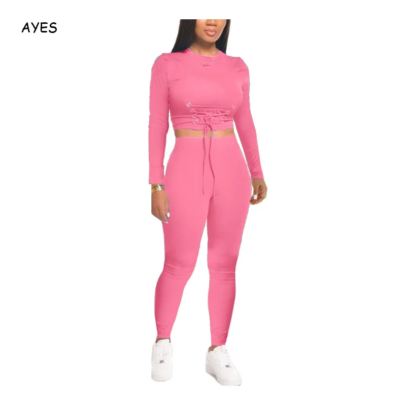 

Розовый Однотонный женский осенний комплект из двух предметов, повседневный тренировочный костюм для отдыха и тренировок, укороченный топ ...