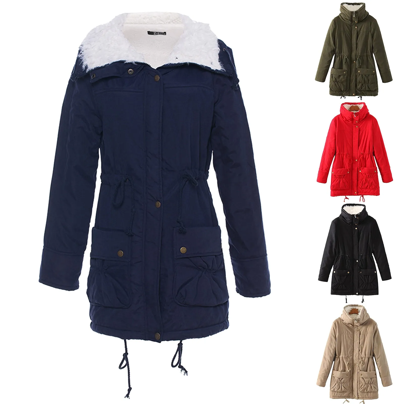 

Winter Women Fashion High Collar Mid-length Cotton Solid Colors Parkas Casual Long Sleeve Plus Fleece Warm Jacket Outerwear#g3