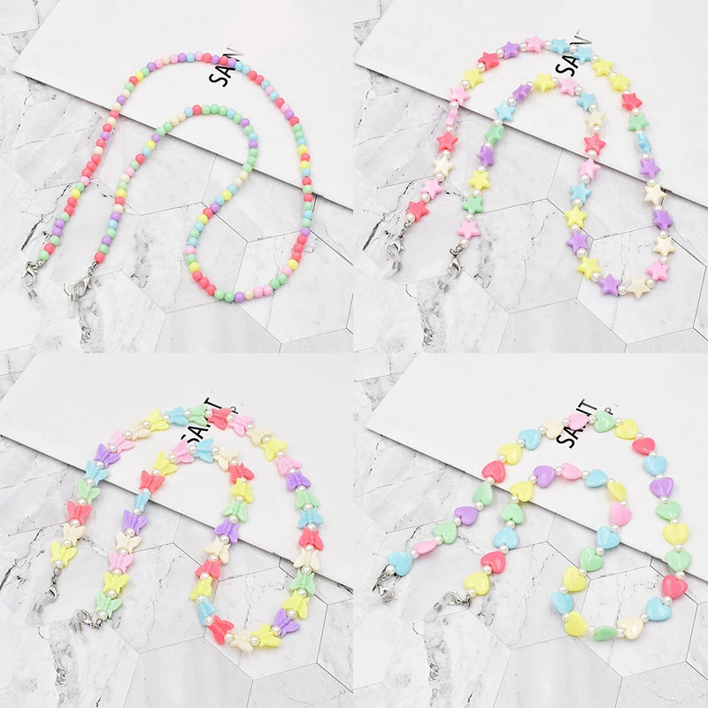 

2021 New INS Candy Color Butterfly Bow Tie Acrylic Lanyard Mask Beaded Glasses Chain for Women Girls Travel Accessary