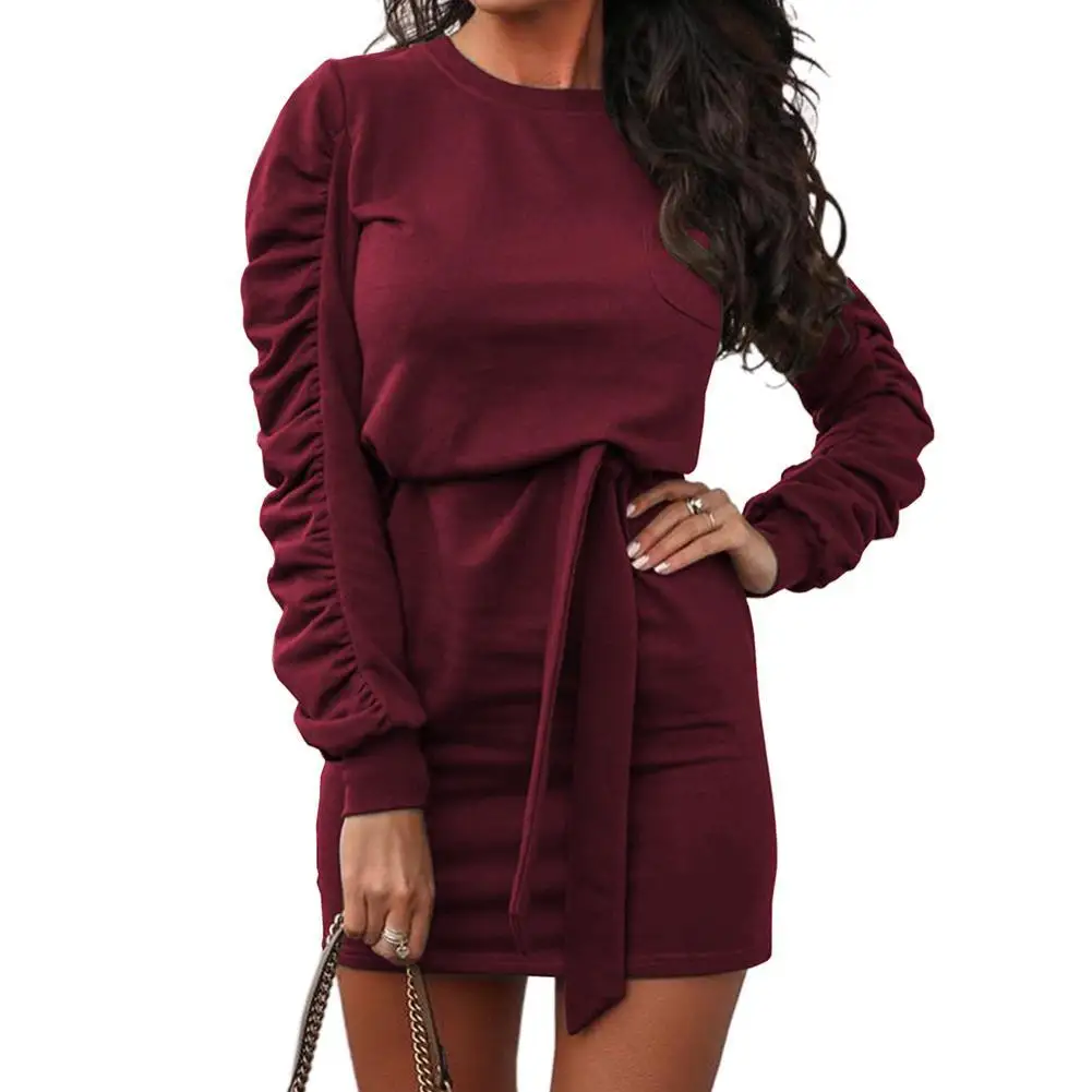 

Women Ruched Puff Sleeve O Neck Solid Color Waist Bandage Mini Sweatshirt Dress