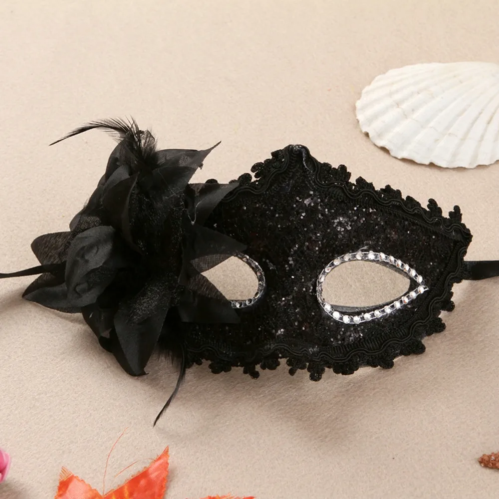 

Sexy Women Lace Rhinestone Sequined Side Flower Mask Black Lace Eye Face Mask Masquerade Party Ball Prom Costume Charms 2019