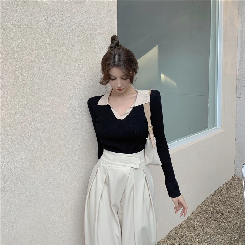 

Knitting Women Sweater And Pullovers Turn-Down Collar Long-Sleeved Slim Office Lady Elegant Pulls Outwear Tops