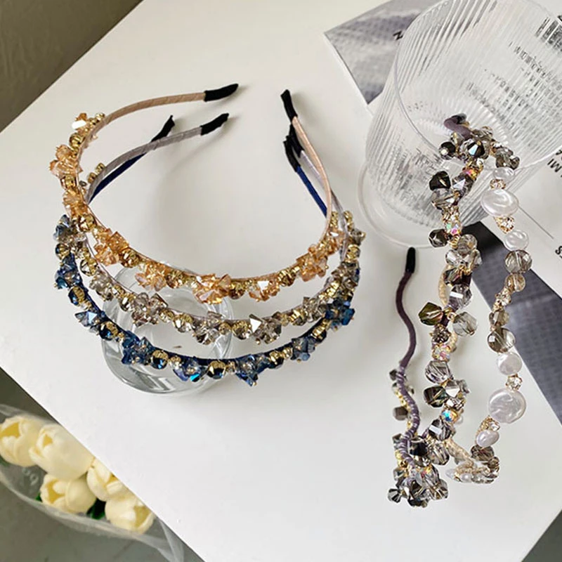 

2021 New Rhinestone Baroque Headband Bridal Headwear Pearl Head Hoop Women Wave Winding Crystal Head Wrap Hair Accessories