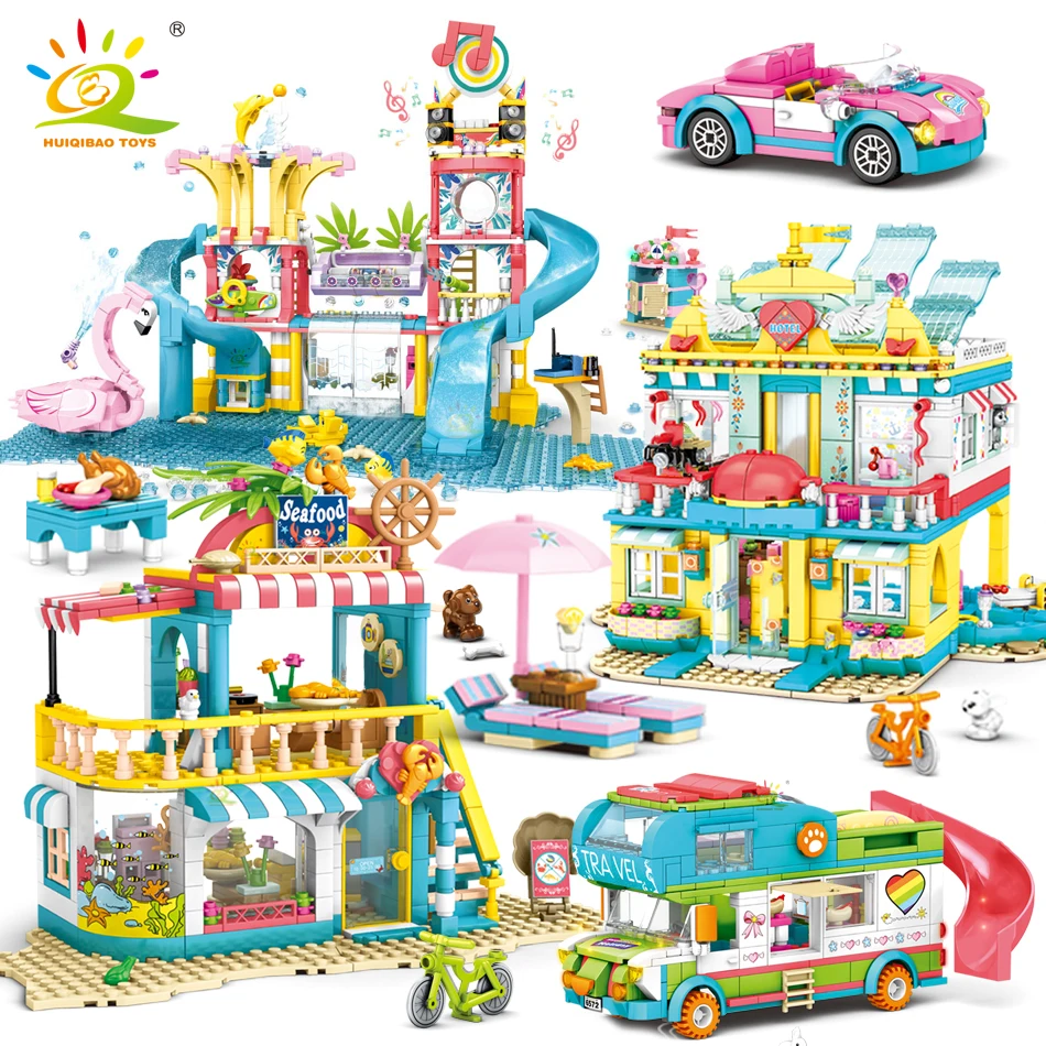 

Серия «Друзья HUIQIBAO», летний Приморский парк отдыха, строительные блоки для девочек, фигурки, туристический автобус, городской кирпич, набор ...