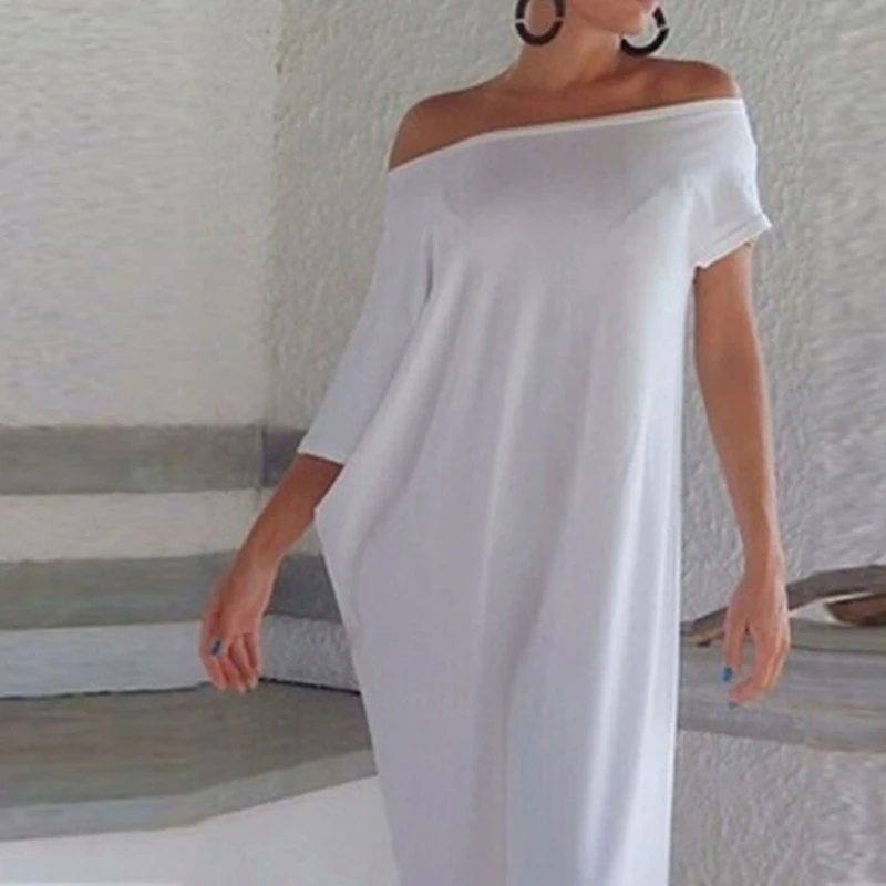 

Short Sleeve Loose Plain Maxi Dresses White Vintage Long Sleeve Loose Irregular Boho Beach Big Size Summer Spring Clothing