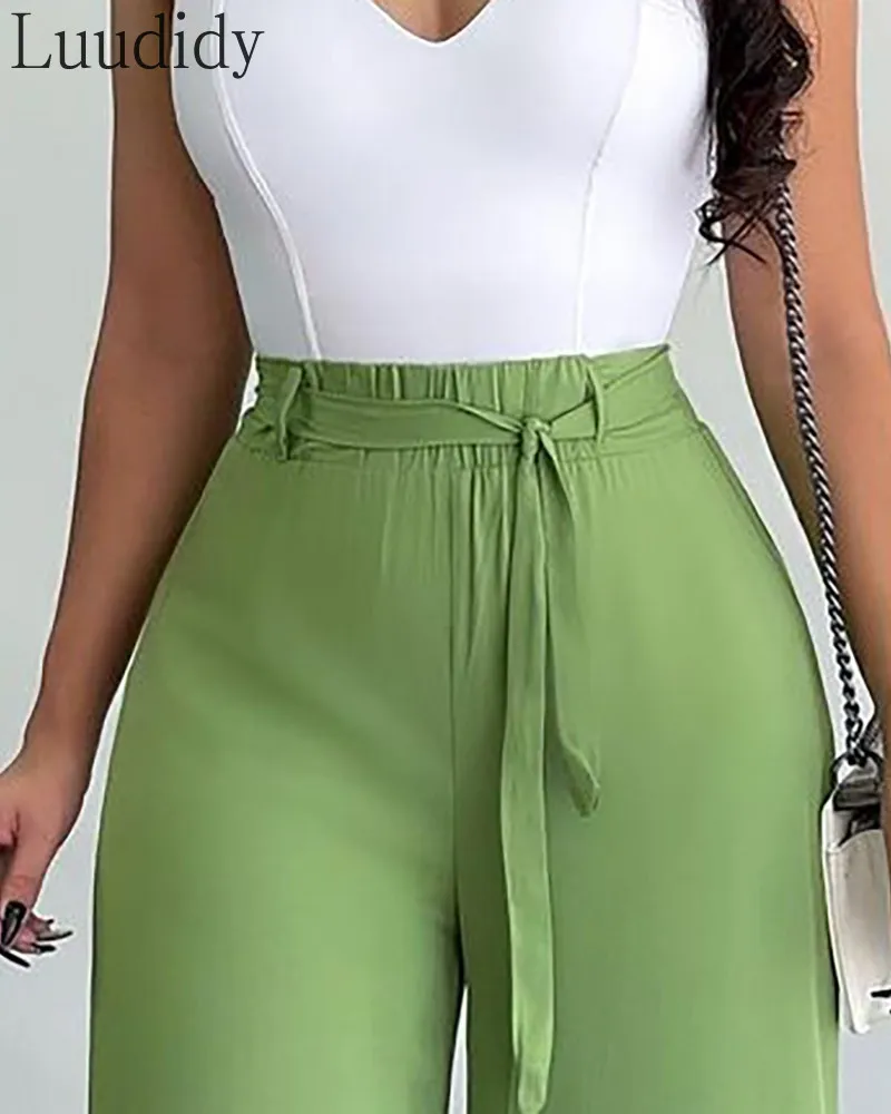 

Women Solid Color High Waist Tied Detail Wide Leg Pants Summer Casual Female Trousers