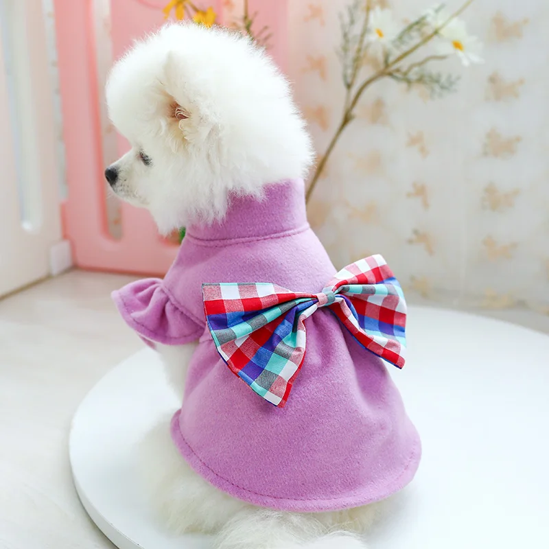 

Pink Dog Clothes Padded Pet Jacket Flying Sleeve Woolen Princess Dress Fashion Bow Warm Clothe Pet Sweater