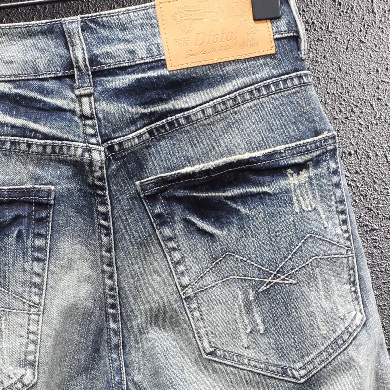 Street Style Fashion Men Jeans Retro Blue Slim Fit Destroyed Ripped Jeans Men Embroidery Designer Hip Hop Casual Denim Pants