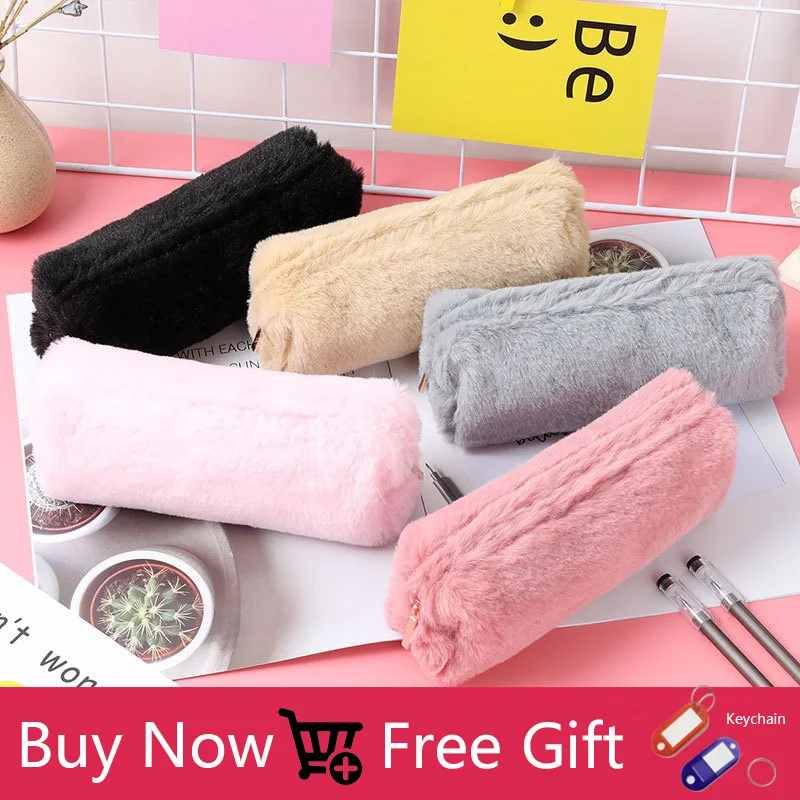 Милый однотонный плюшевый чехол для карандашей девочек большой вместимости