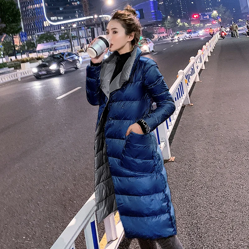Dark blue and Black Double Sided Women's Down Jacket Long Winter Turtleneck White Duck Down Coat Female Double Breasted Plus size Warm Plaid Parkas - Цвет: Dark blue and Black