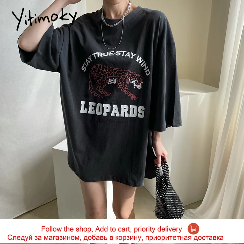 

Yitimoky Casual Woman Tshirts O-Neck Short Sleeve Fashion Leopard Letter Cartoon Print Loose Simple Tops 2021 Summer Korean