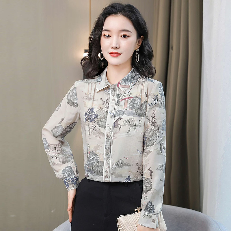 

Spring Long-sleeved Blouse The New Fashion Casual Lapel Wire Loose Retro Printing Top Shirts