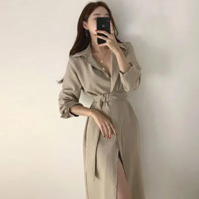 

Harajuku Style Spring Women Vintage Solid High Waist Shirt Party Dress Fashion Casual Notched Office Lady Sexy Dress Vestidos