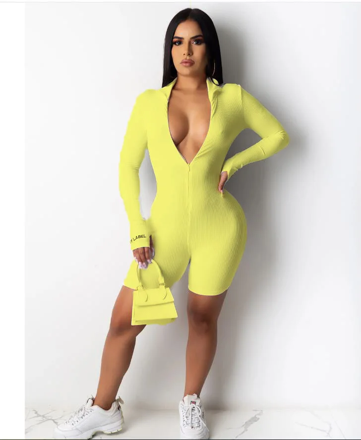 

Knitting Ribbed Woman Playsuit Long Sleeve Stand Neck Skinny Bodycon Fitness Sporty Bandage Jumpsuit Front Zipper Women Overalls