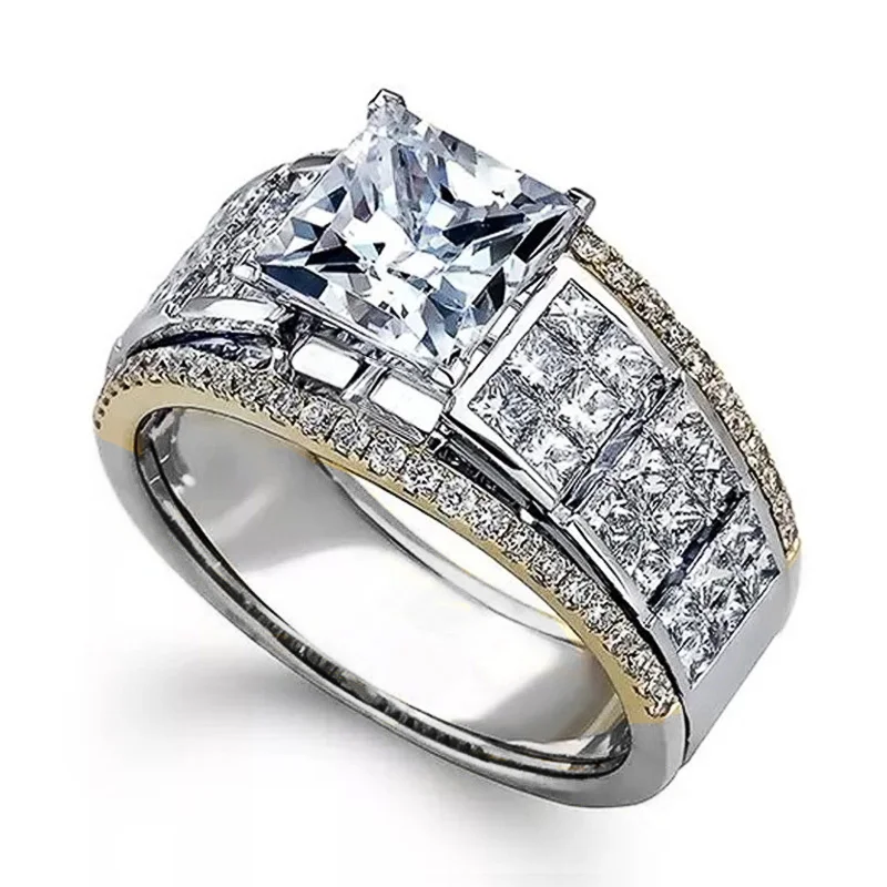 

JK Luxury Gold/Silver Color Two Tone Band Female Finger Ring Classic 4 Claws Princess Cut Shine CZ Stone New Women Jewelry
